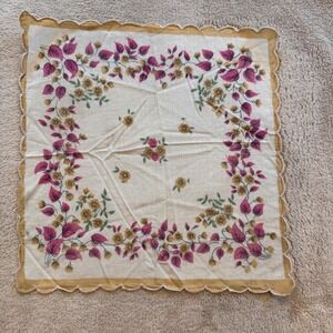 Vintage Floral Handkerchief Scalloped Edge Pink Yellow Cotton Linen Cottagecore